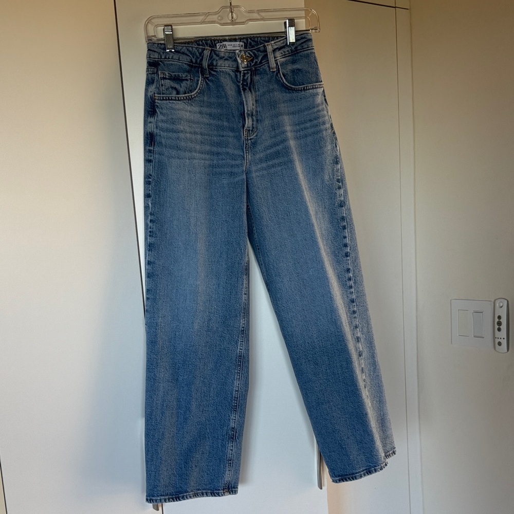 Zara Women's Cropped Wide-Leg Blue Jeans
